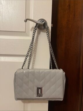 Karl Lagerfeld Quilted Chain Shoulder Bag - Light Gray with Silver Hardware